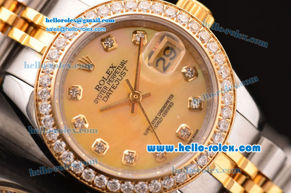 Rolex Datejust Lady 2813 Automatic Two Tone Case/Strap with Yellow MOP Dial and Diamond Bezel ETA Coating - Click Image to Close